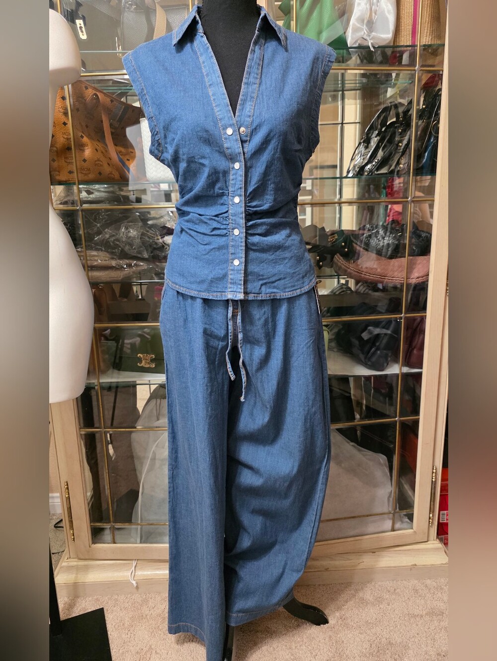 Haute Monde Denim Sleeveless Wide-Leg Pants & Top Set
